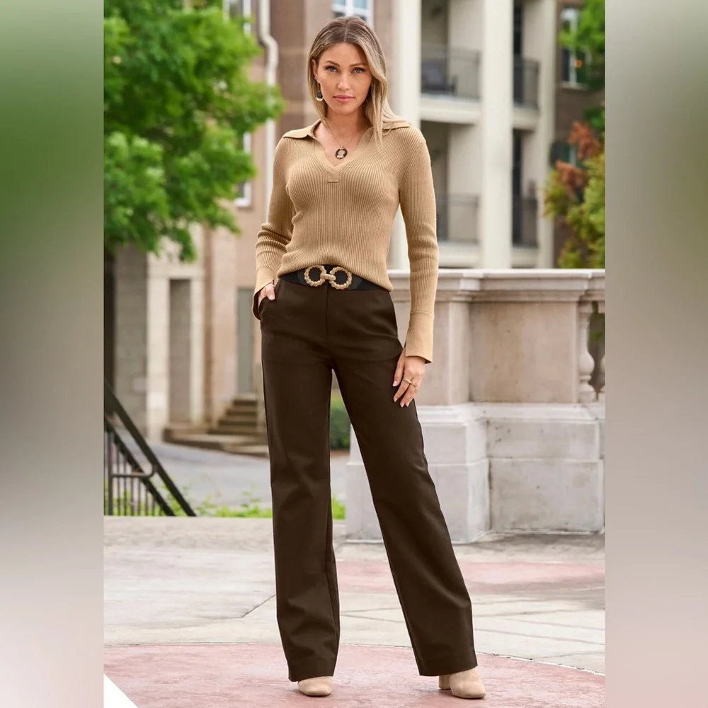 Boston Proper Ribbed Polo Sweater Tan Small Knit Preppy Classic